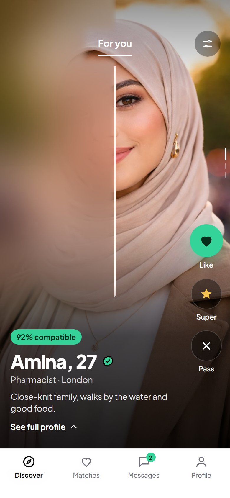 ZemZem Discover screen: a profile photo, blurred on one side and sharp on the other