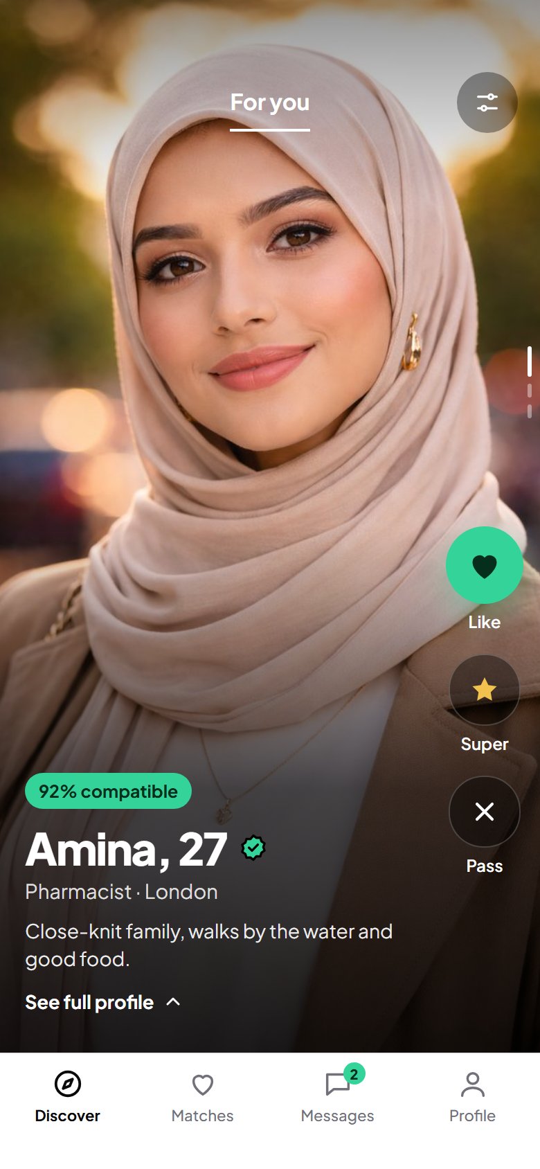 ZemZem Discover screen: Amina's profile, 92% compatible