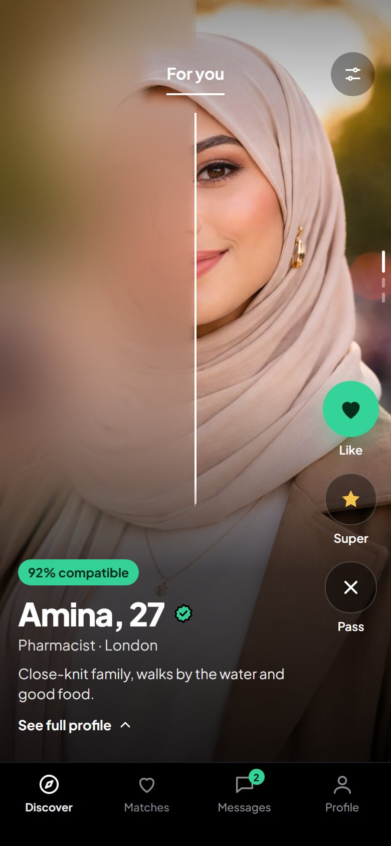 ZemZem Discover screen: a profile photo, blurred on one side and sharp on the other